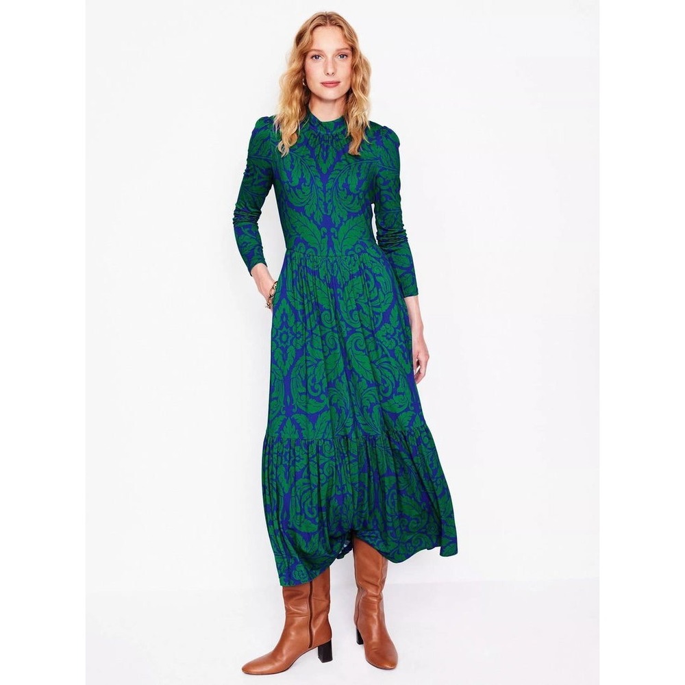 Boden Green Blue Damask Print Tiered Maxi Dress D1085 Long Sleeve Size 8R